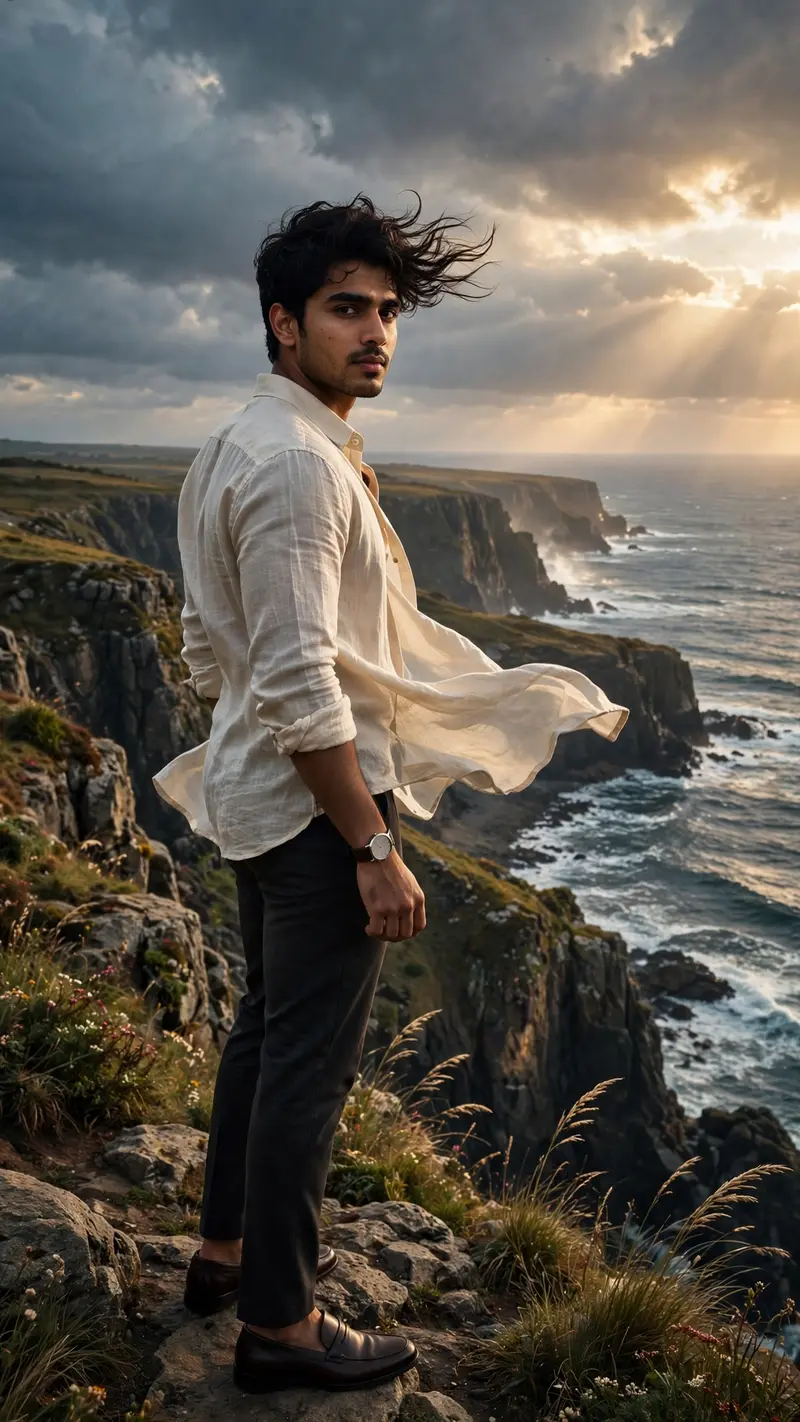 Create a professional cinematic portrait of a handsome young Indian man standing on a dramatic coastal cliff overlooking the ocean. He is wearing a