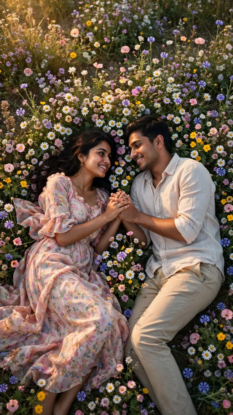 Create an ultra-realistic dreamy photograph of a young Indian couple lying together on a beautiful flower field during late afternoon. Capture the