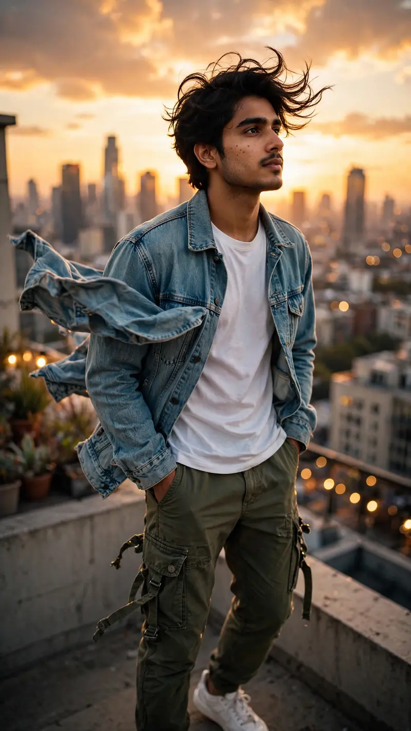 Create an ultra-realistic Instagram fashion photograph of a stylish young Indian man standing on a beautiful rooftop at sunset, photographed from a