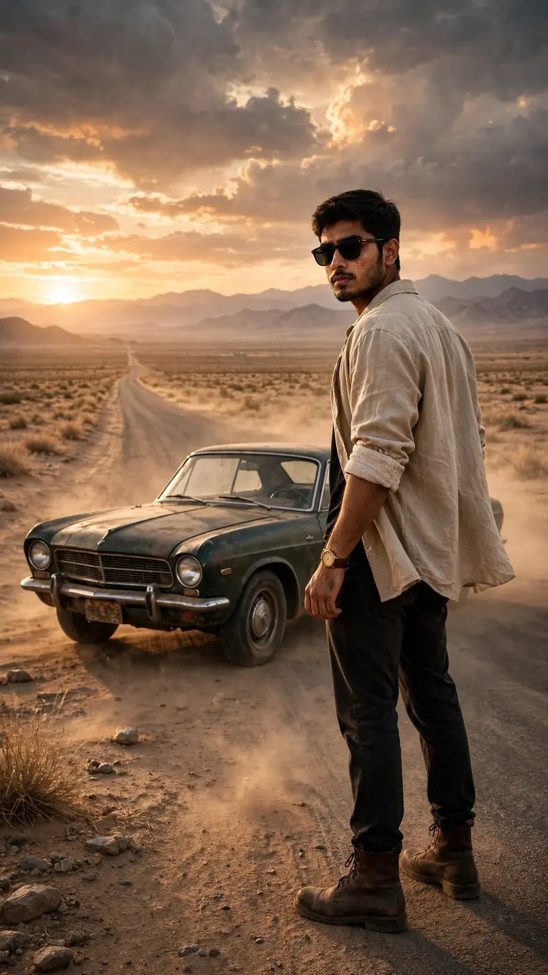 Create an ultra-realistic editorial photograph of a confident young Indian man standing beside an old classic car on an empty desert road during