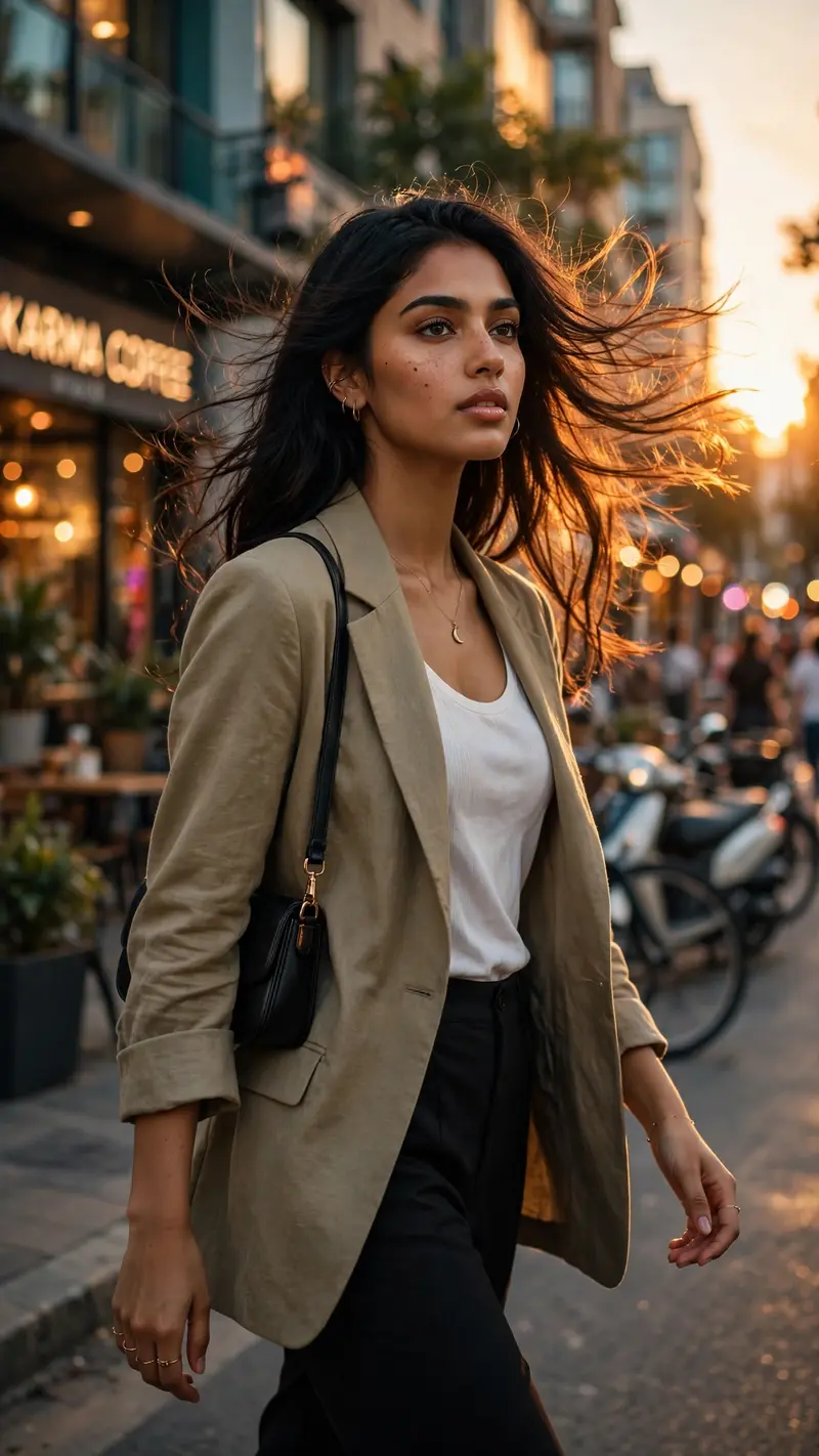 Create an ultra-realistic cinematic photograph of a beautiful young Indian woman walking through a stylish city street during sunset, wearing a