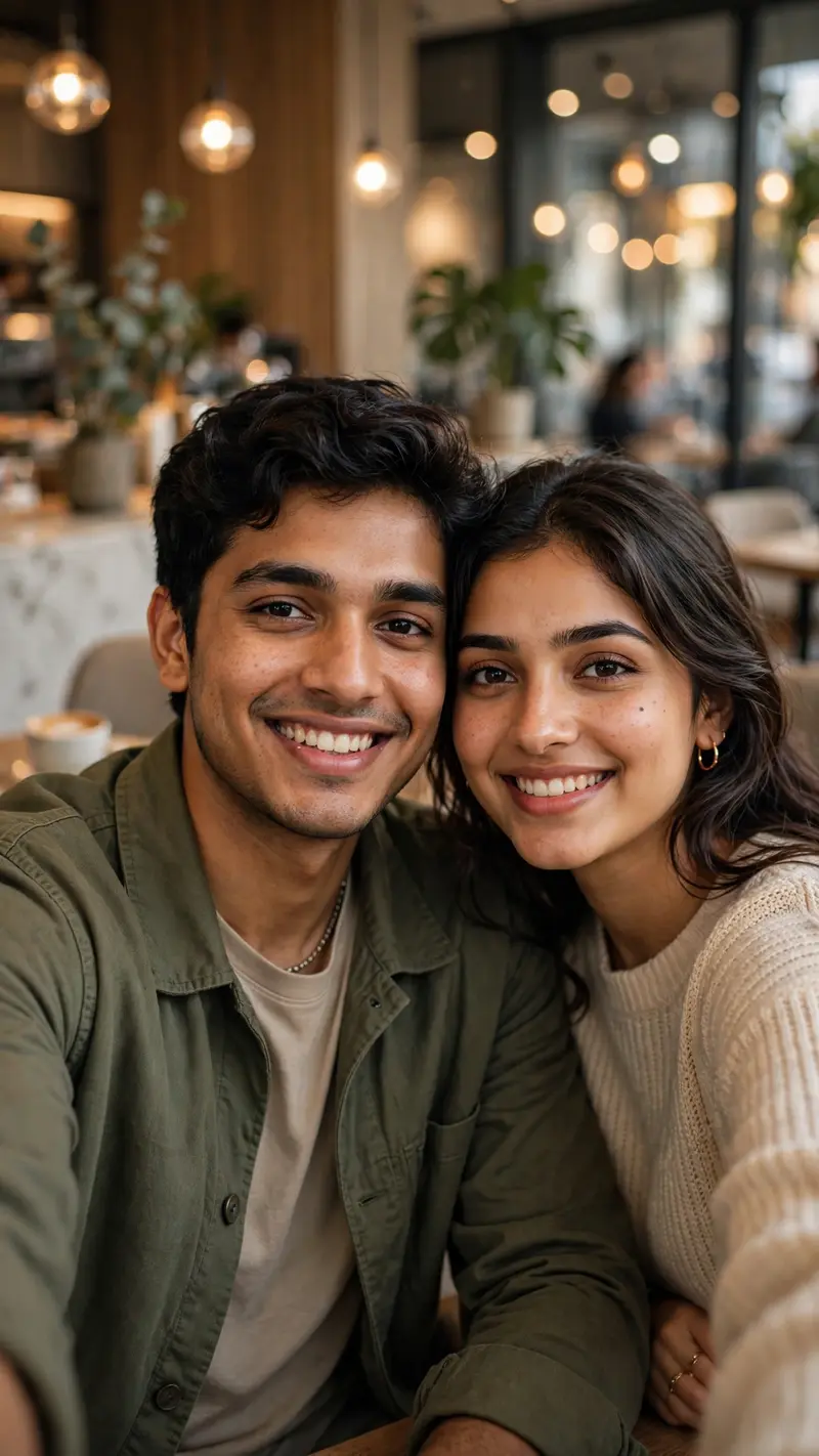 Create an ultra-realistic aesthetic couple selfie of a young Indian man and woman in a modern café. The couple is sitting close together, naturally