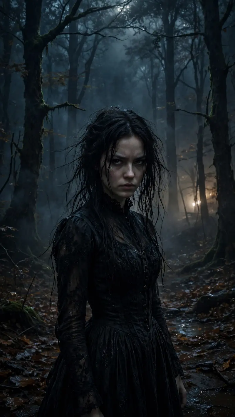 Create an ultra-realistic cinematic horror photograph of a mysterious young woman standing alone in a dark foggy forest at midnight. She has long