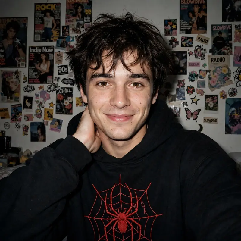 Without changing my original face, create a portrait of me captured with a 1990s-style camera using a direct front flash. My messy dark brown hair