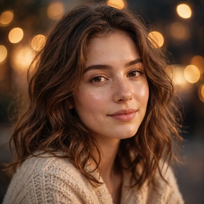 Using this photo, create an Instagram-viral aesthetic portrait with warm filter, blurred bokeh lights background, soft glow skin