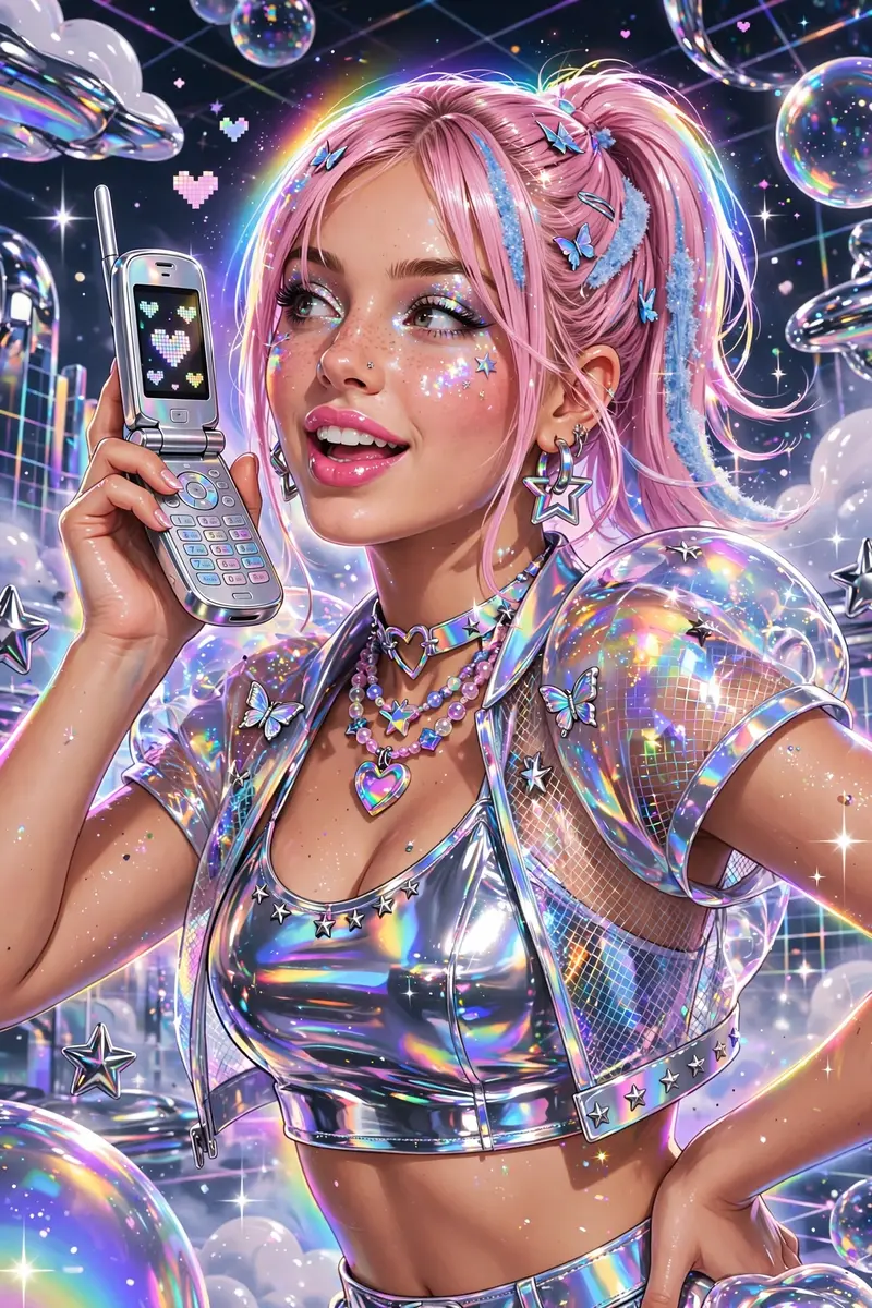a pop star posing with a silver flip phone in iridescent chrome-futurist illustration, frozen in a flash of early-2000s magic. Iridescent rainbow rim