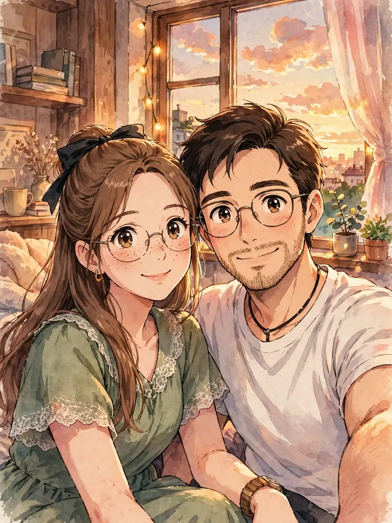 Transform this photo into a hand-painted Japanese-animation-inspired cinematic frame of the couple sitting together near a cozy window at sunset. Use