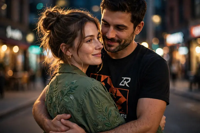 Transform this couple photo into a sophisticated cinematic editorial portrait with the couple standing close together, the man slightly behind the