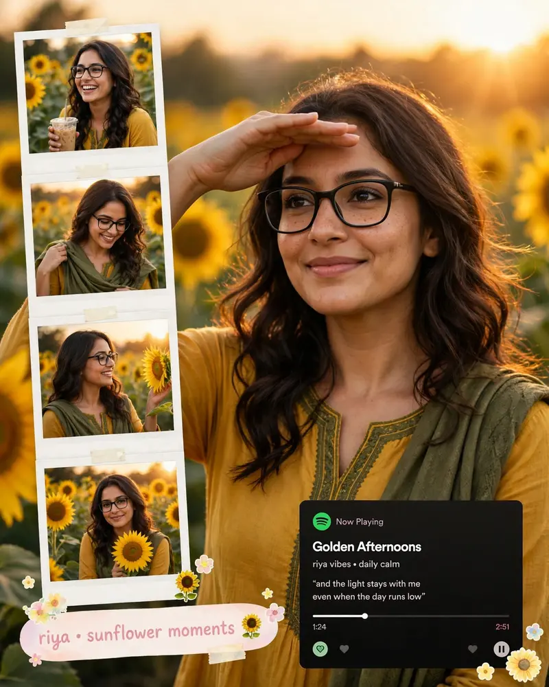 Turn this photo into an ultra-realistic 4:5 golden-hour portrait of the same woman, same face as the uploaded photo, standing in a sunflower garden