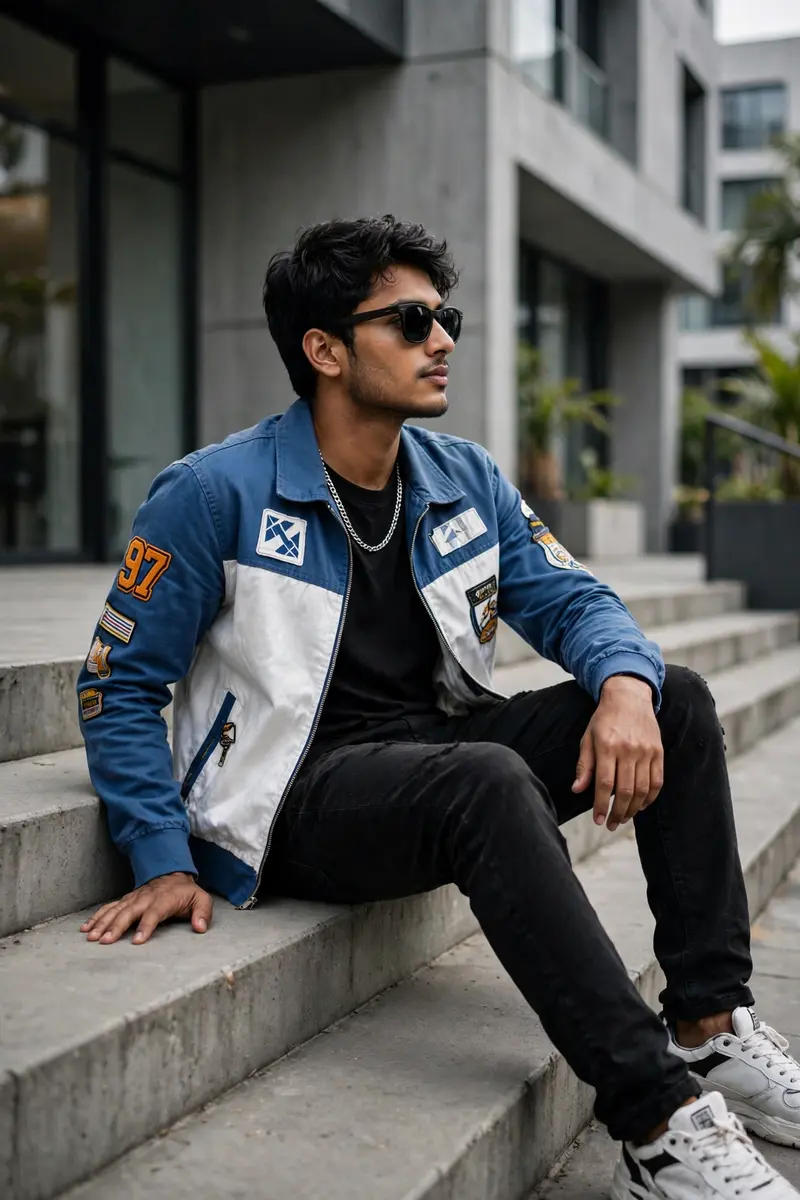 Ultra-realistic portrait of a young Man fashionable Indian sitting relaxed on concrete stairs, leaning slightly backward with one hand resting behind