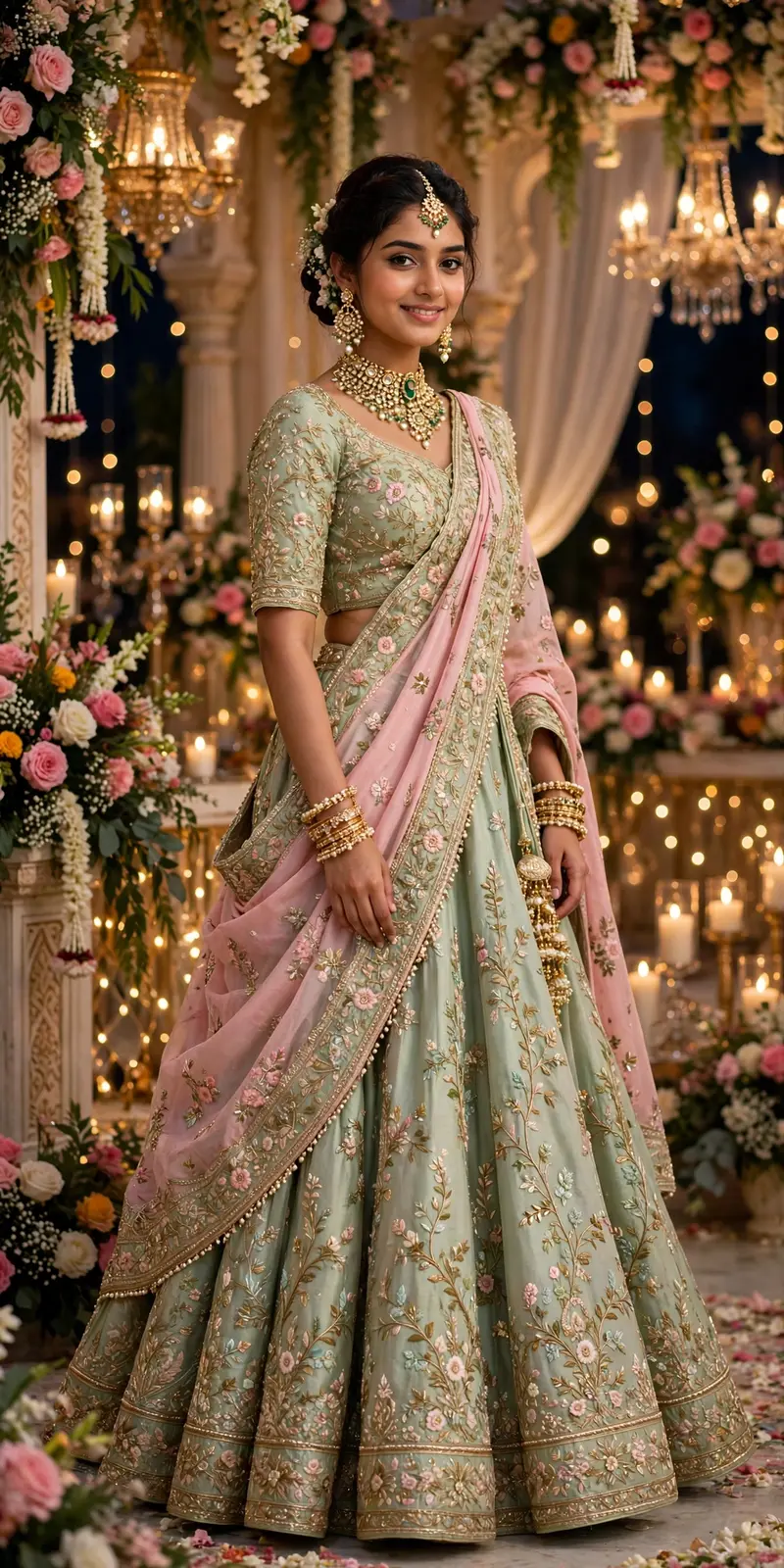 A beautiful young Indian woman wearing a luxurious pastel sage green lehenga with intricate gold and floral embroidery, paired with a matching blouse