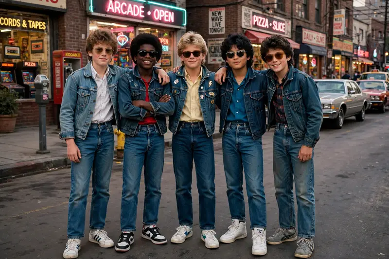 Ultra-realistic cinematic photograph of five stylish young boys standing together on a lively 1980s city street, authentic 1980s fashion, denim
