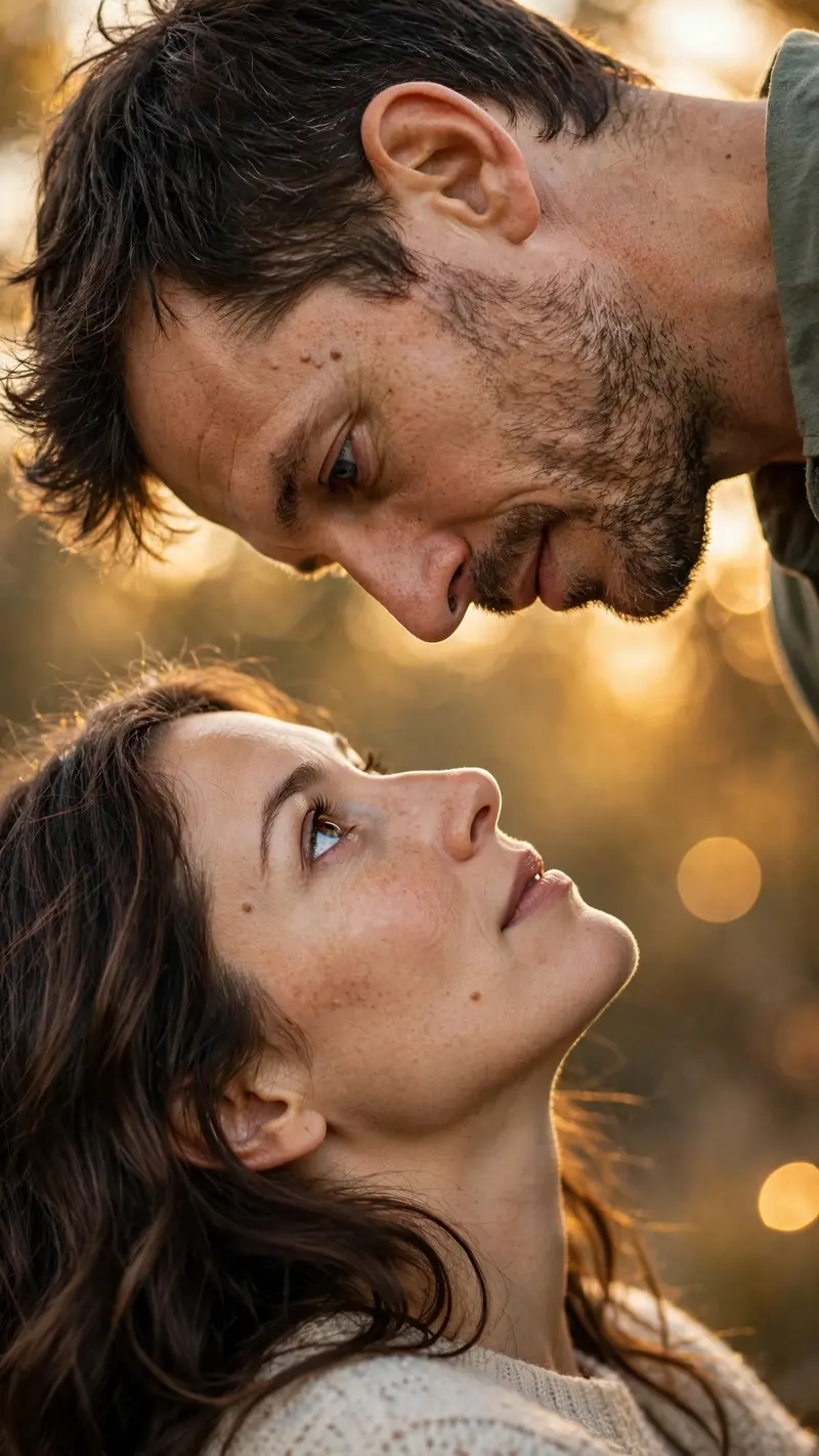 Create an ultra-realistic vertical 9:16 close-up of a couple’s faces in opposite orientations, eyes meeting at the center of the frame, man above and