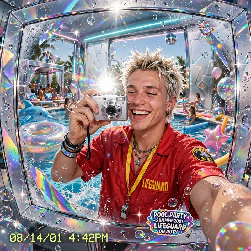frosted-glass futurism illustration snapshot of a pool-party lifeguard with frosted tips, pure millennium-era energy. Harsh on-camera flash pop
