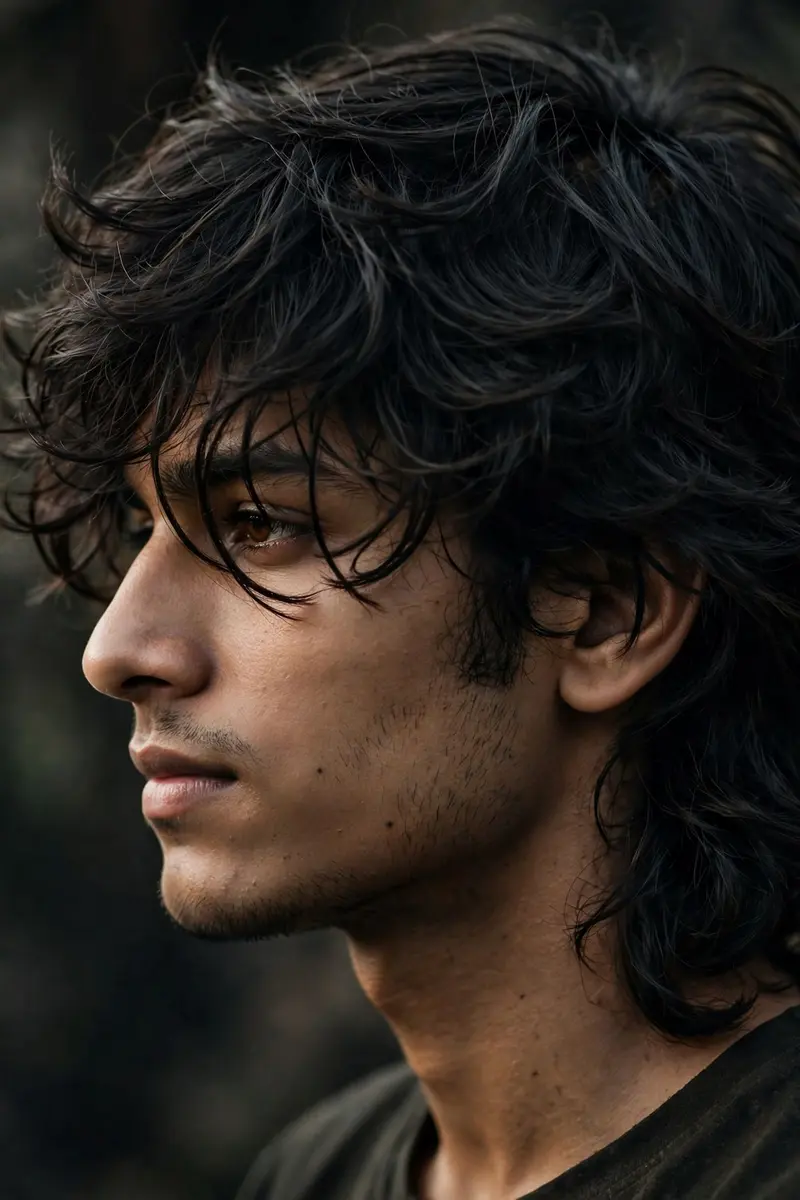 Create an ultra-realistic cinematic portrait inspired by the reference image. A young Indian man is shown in a close-up side-profile portrait
