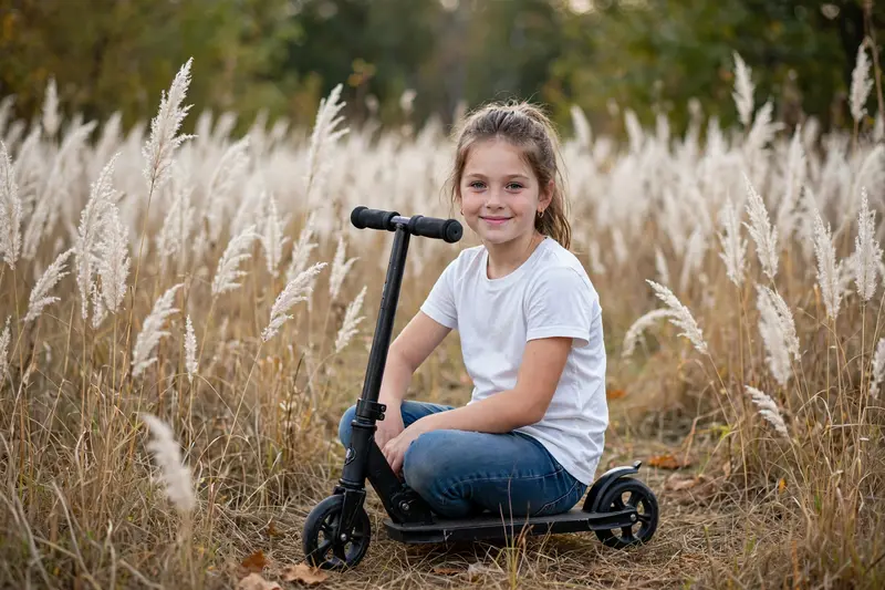 A young girl sitting on a black scooter in the middle of a fall white grass field during daytime. She is wearing a white top and blue jeans, smiling