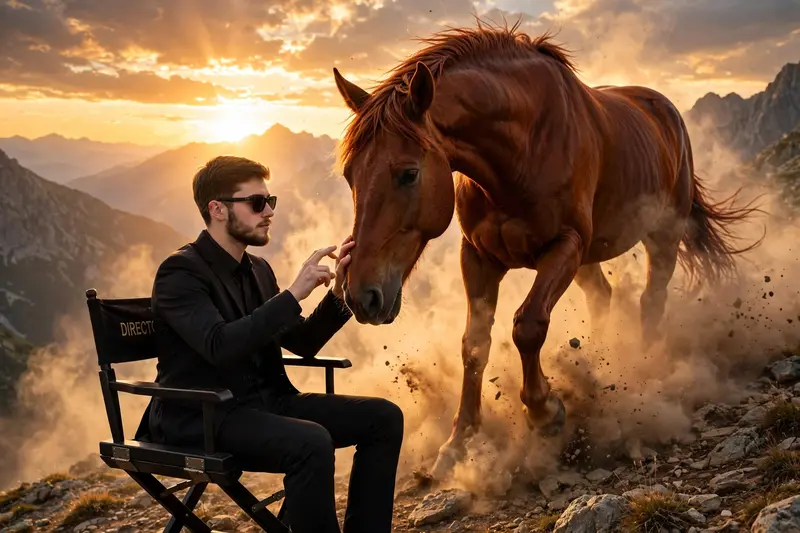A young man in a black suit and sunglasses sits on a director's chair on a mountain at sunset. He snaps his fingers, causing a massive red horse to
