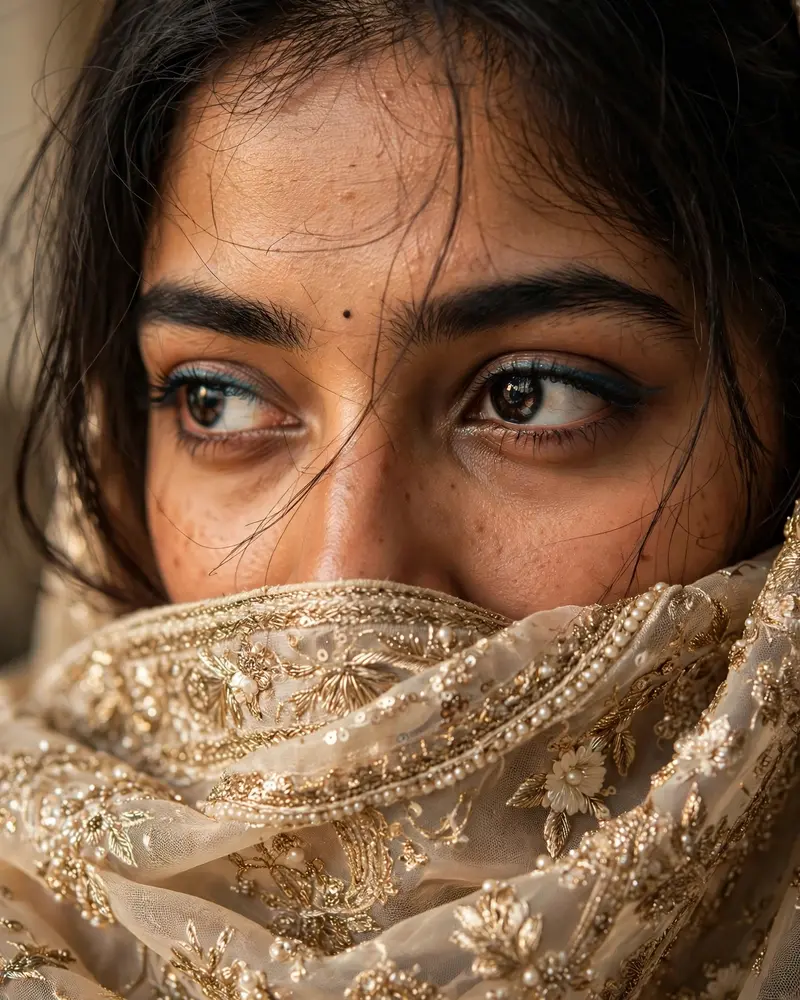 Create an ultra-realistic extreme close-up portrait photograph of a young South Asian woman, preserving a natural youthful appearance and realistic