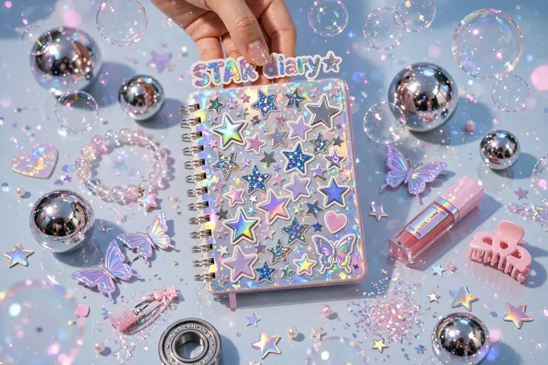 Dreamy glossy Y2K digicam aesthetic scene featuring a star-sticker notebook held up proudly, surrounded by bubbles and sparkle. Chrome-ball studio