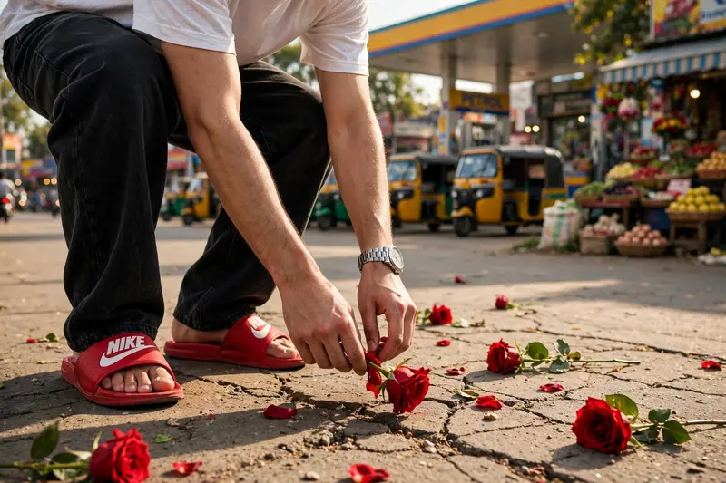 A cinematic ultra-realistic / video (16:9) of a young man wearing a plain white t-shirt, black baggy denim jeans, red Nike slide sandals, and a
