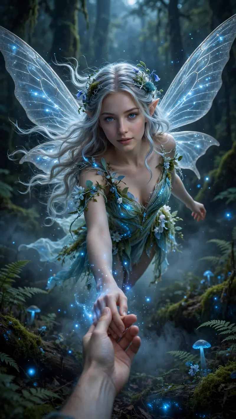 In this picture, where I have raised and placed my hand, add a beautiful, glowing girl with a blue magical light around her. She should look like a
