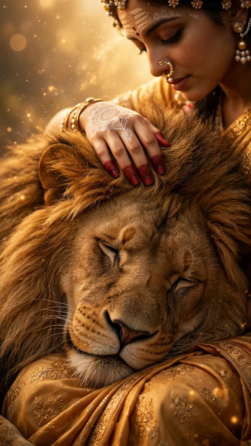 \u200bAn extreme close-up slow-motion shot focusing on a wild male lion gently resting its heavy head onto the lap of an Indian goddess. Her soft