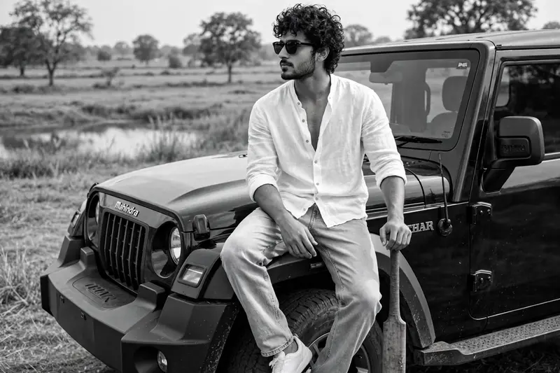 A cinematic, black and white, outdoor portrait of a stylish young man sitting on the front fender of a black Thar SUV in a rural landscape, captured