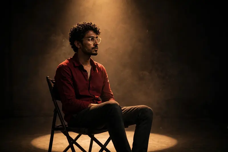 A young South Asian man, in his late 20s or early 30s, is seated on a dark folding chair, positioned slightly left of center within a dimly lit