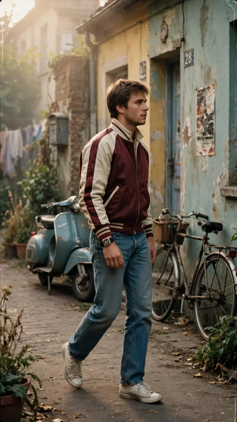 A cinematic ultra-realistic / video (9:16) shot to look exactly like it was filmed in the 1980s — authentic vintage film grain, slightly soft focus