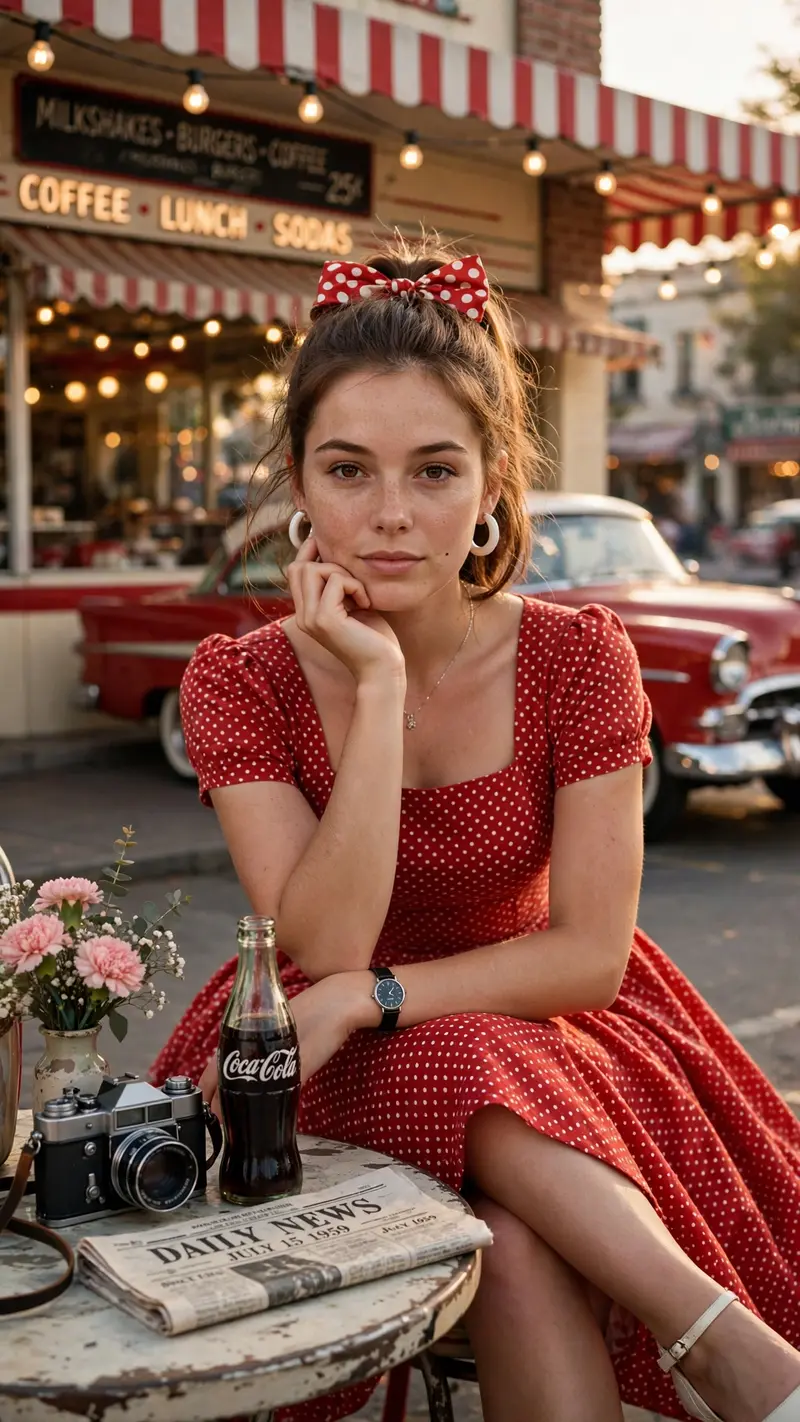 Create a vintage 1950s–60s-inspired cinematic portrait of the woman from the uploaded reference image. Preserve her exact facial identity, facial