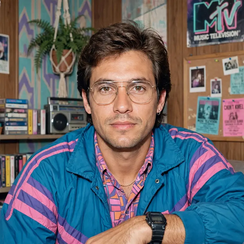 Using my uploaded photo, show me what I would have looked like around 1985. Preserve my identity, facial features, skin tone, age, and recognizable