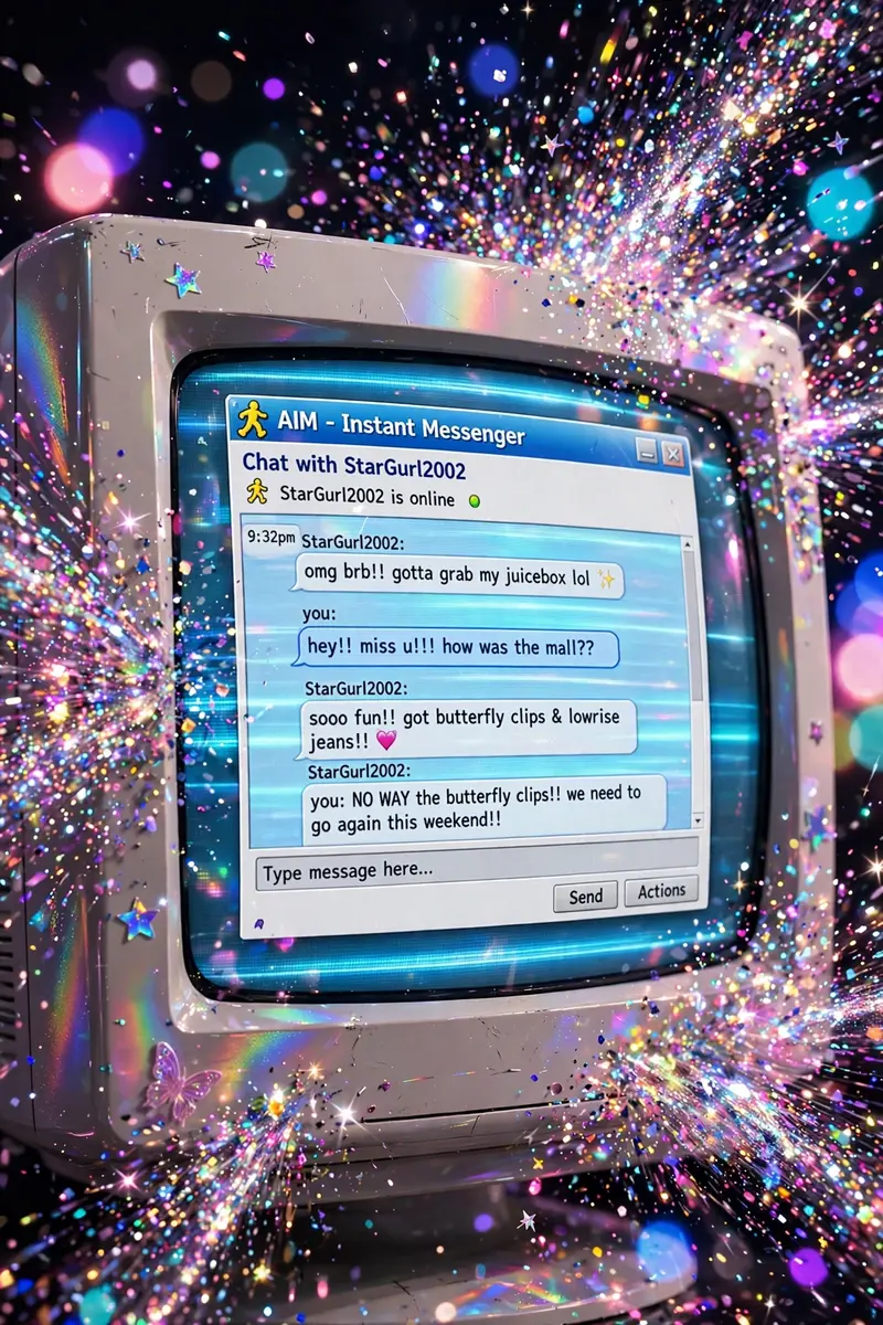 High-shine nostalgic Y2K digital art artwork of an AIM chat window glowing on a CRT monitor, glitter exploding around the frame. Sparkling glitter