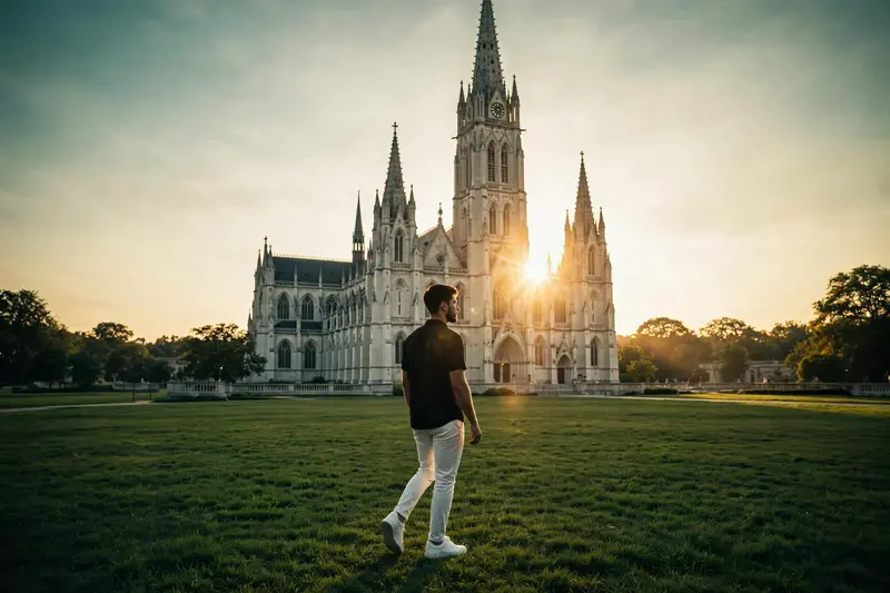 "A cinematic ultra-realistic video of a young man with short dark hair and light beard, wearing a black half-sleeve shirt and white trousers with