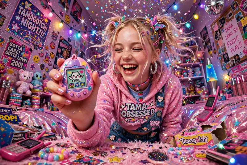 candy-coated 2000s commercial art moment with a tamagotchi-obsessed girl in a glitter bedroom, caught mid-laugh in flash-lit glory. Candy-colored