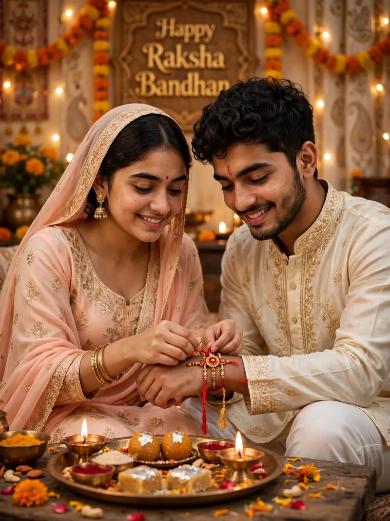 Ultra-realistic cinematic Indian Raksha Bandhan celebration photo of a young Indian brother and sister sitting together at home. 101% same face. The