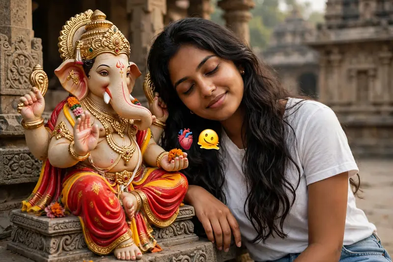 A medium close-up shot captures a young South Asian woman with long, dark wavy hair, leaning her head gently against a detailed, colorful statue of