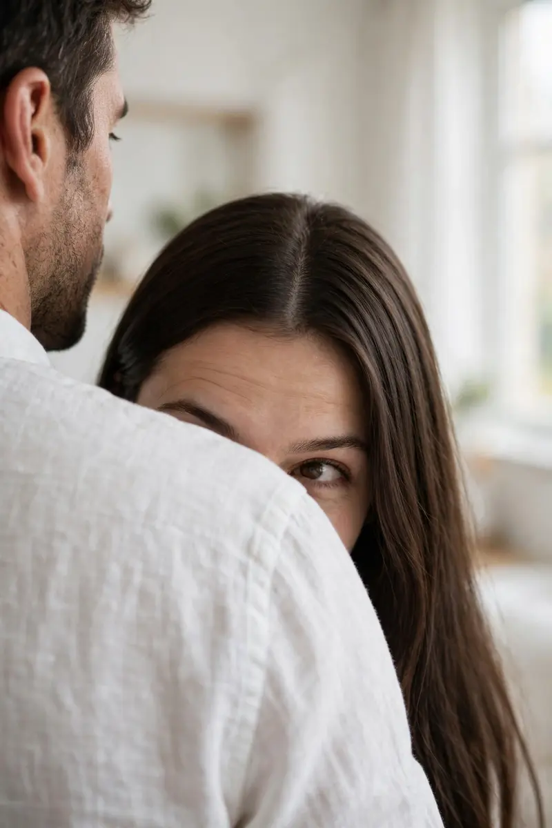 Create an ultra-realistic vertical portrait of two people in a bright, minimal indoor room with soft natural window light. A close-up