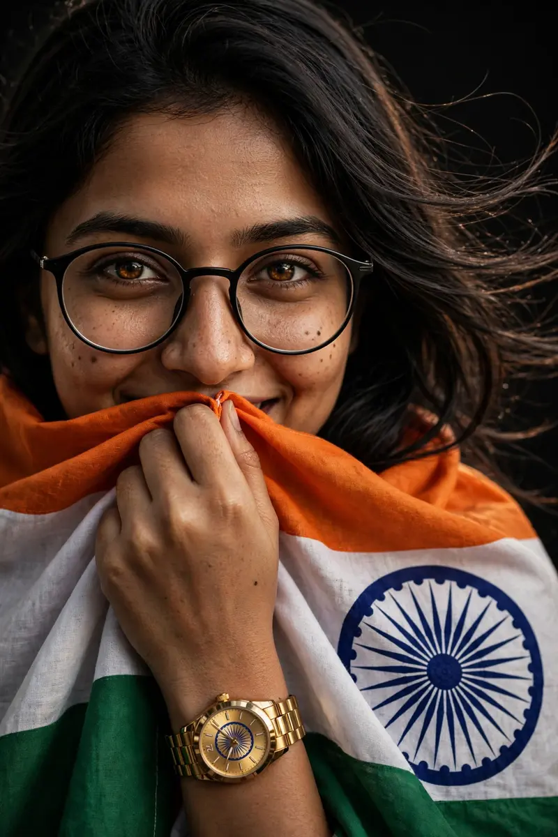 Ultra-realistic RAW DSLR close-up portrait of a beautiful young South Asian woman wrapped in the Indian national flag, looking directly into the