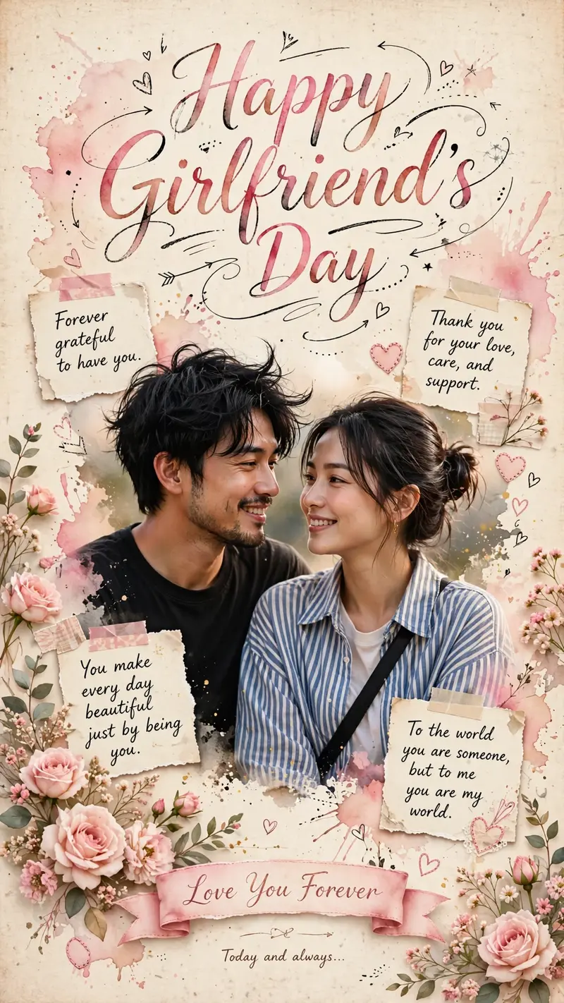 Create an ultra-realistic, premium Pinterest-style Happy Girlfriend’s Day vertical poster (9:16 aspect ratio) with a soft vintage scrapbook