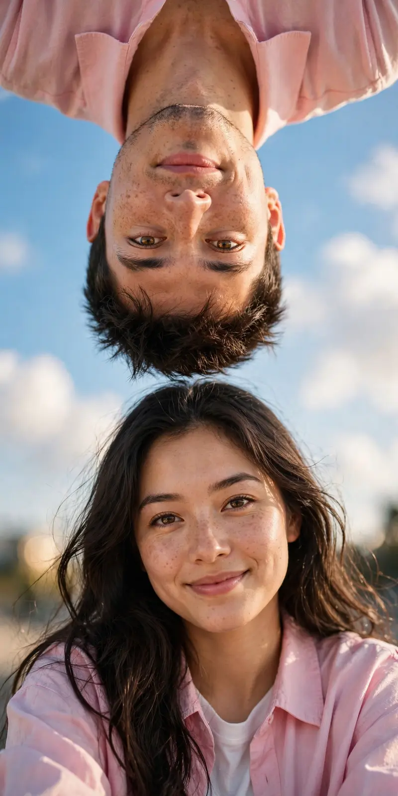Create a realistic long-distance couple portrait in the same style as the reference. The frame is split vertically: the girl is positioned in the