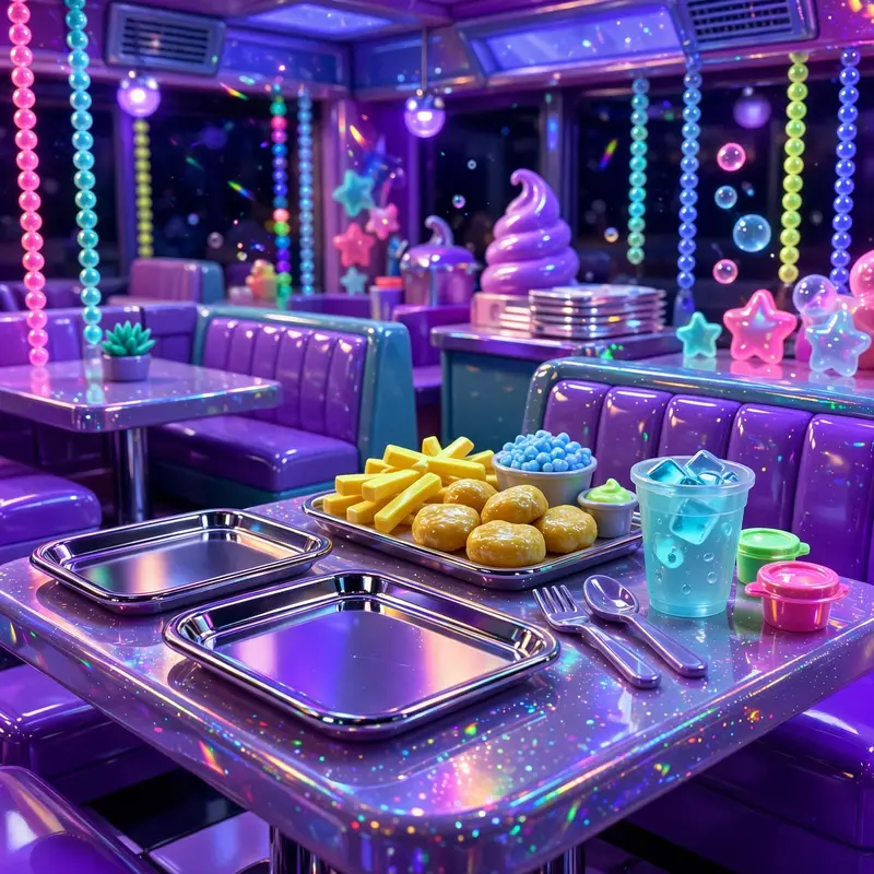 a food-court hangout with chrome trays in shiny plastic-toy render style, frozen in a flash of early-2000s magic. Blacklight ultraviolet glow makes