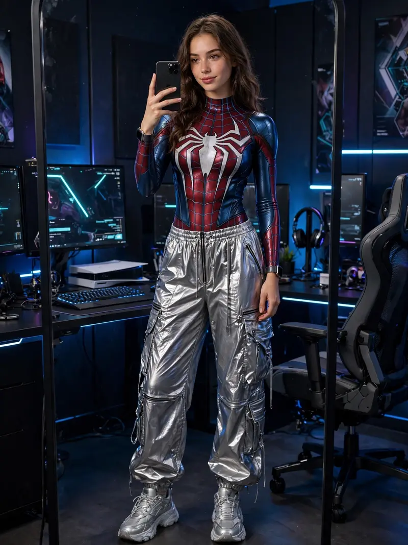 Create a highly realistic 3:4 portrait, full-body mirror selfie of the SAME young woman from the reference image. STRICT IDENTITY LOCK: Preserve her