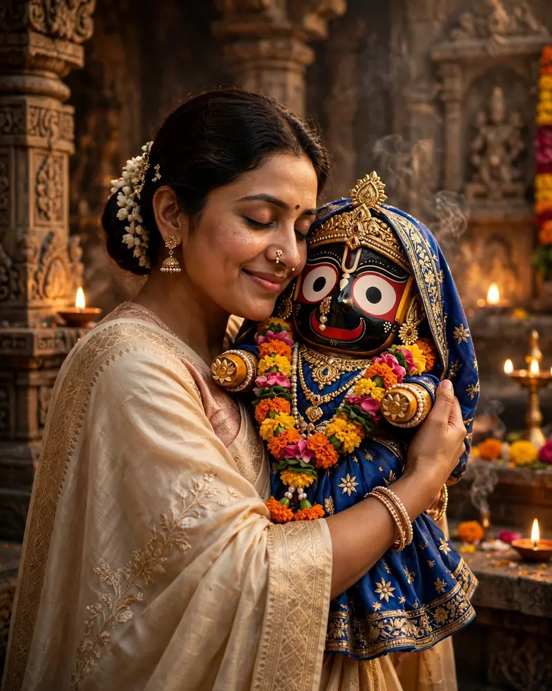 An ultra-realistic, cinematic devotional portrait inside a sacred Hindu temple. Use my own image as the subject, showing me with eyes gently closed