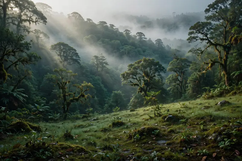 Use the uploaded image as the base photo. Transform it into an ultra-realistic cinematic foggy forest with dense natural white fog, layered