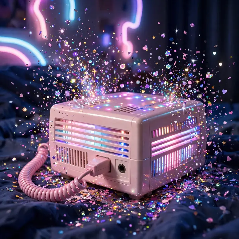 Playful glitter-bomb pop collage style portrait of a dial-up modem glowing in a dark bedroom, glitter drifting through the air. Neon-sign pastel wash