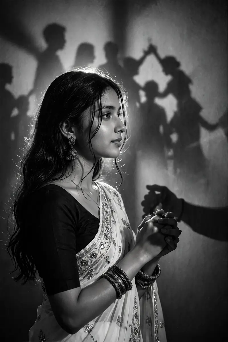 A cinematic, moody black and white editorial photograph of the girl in uploaded 1st picture with dark styled hair, long dark hair, loosely wavy with