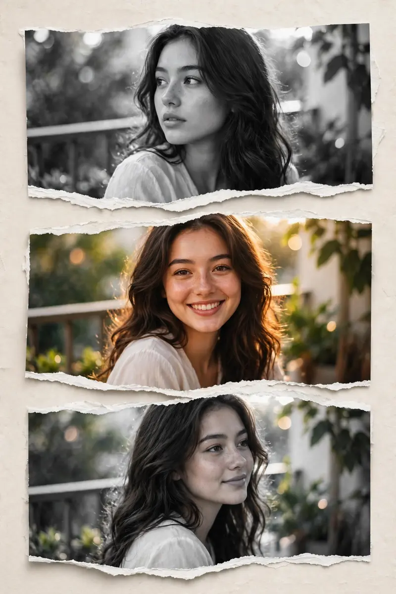 Create a stylish collage portrait using the uploaded photo. Split the image into 3 horizontal torn-paper sections stacked vertically. The middle