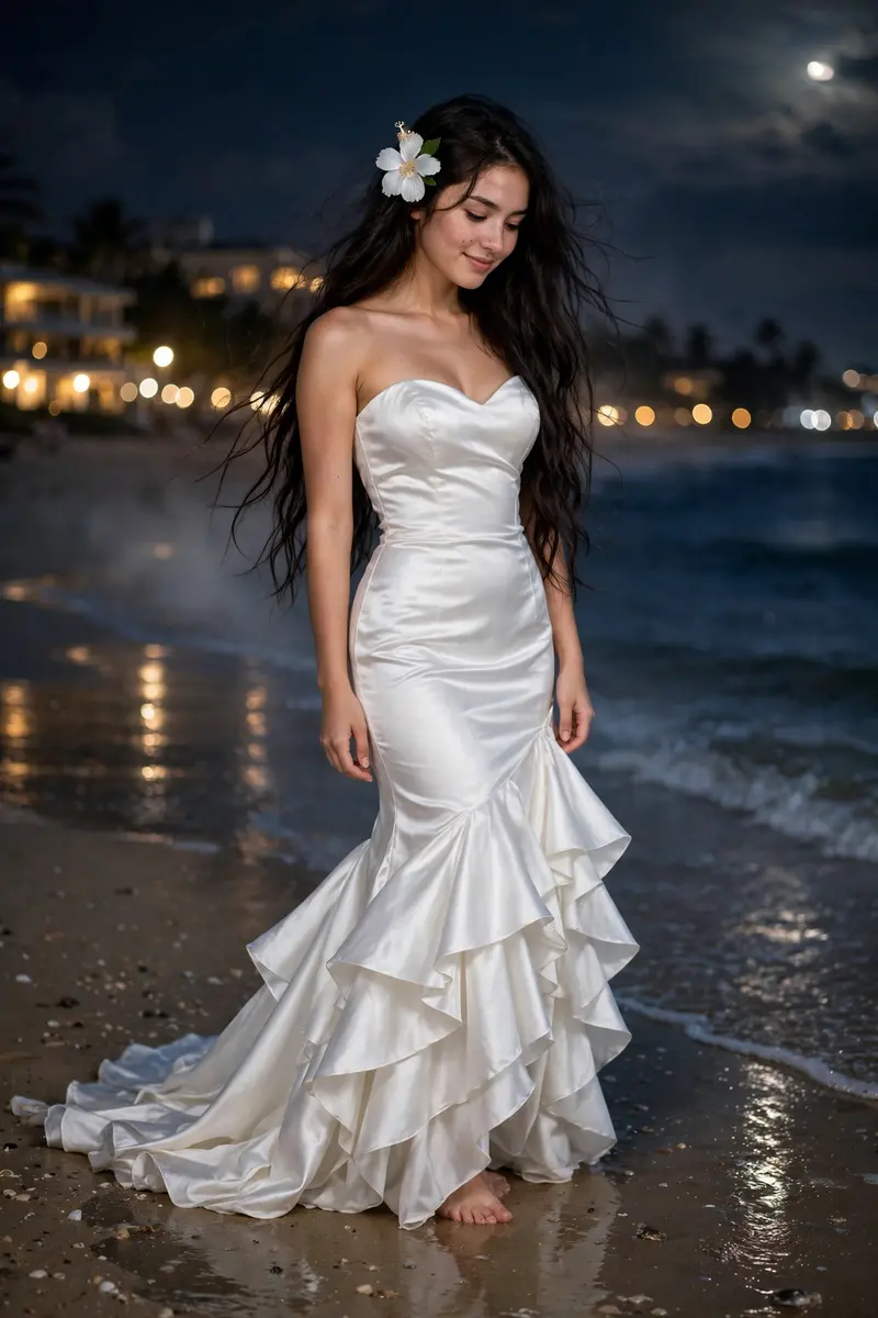 Ultra-realistic nighttime beach portrait of a beautiful young woman standing barefoot on soft sand near the ocean, wearing an elegant fitted pure