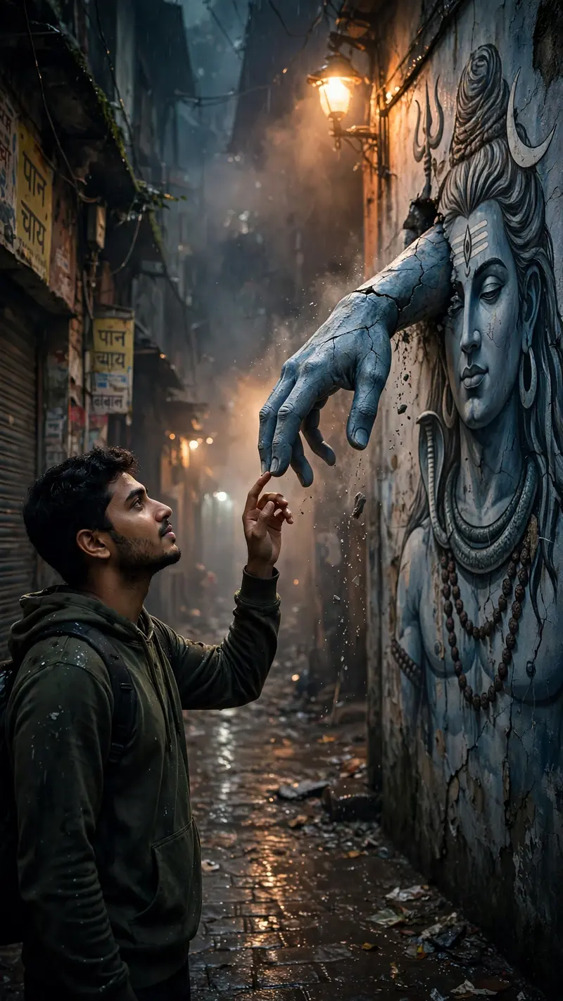 LOCK ORIGINAL IMAGE: face, outfit, pose, mural, lighting, perspective, framing unchanged. Shiva mural fully static. Only blue-grey hand emerges