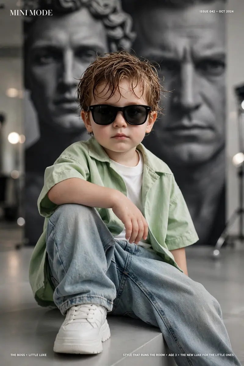 Ultra-realistic toddler boy, pastel green oversized shirt, white tee, baggy light-wash jeans, chunky white sneakers, black sunglasses, boss baby